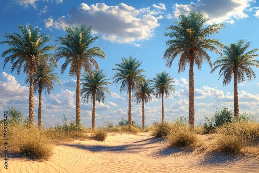 Poster retro 16-bit desert oasis scene with palm trees and empty sky copy space