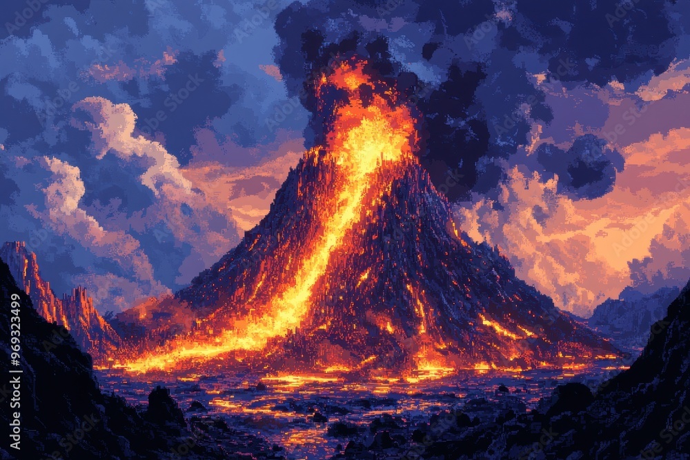 Aufkleber abstract pixelated volcano eruption in empty sky with space for text - digital art concept
