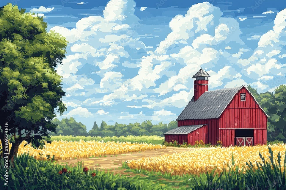 Poster retro 8-bit pixel art farm with barn on open field for copy space