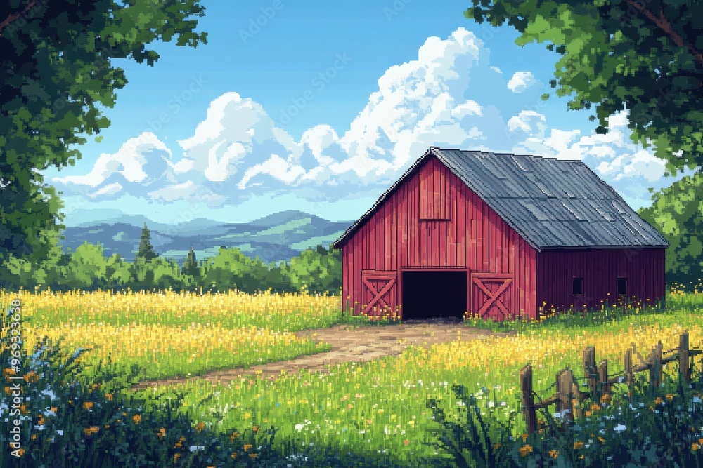 Poster retro 8-bit pixelated farm scene with barn and copy space field