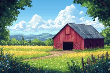 Obraz premium Retro 8-Bit Pixelated Farm Scene with Barn and Copy Space Field