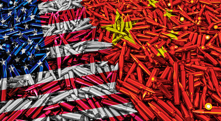A large pile of bullets for automatic weapons in the shape of the flags of the United States and China, concept of military conflict