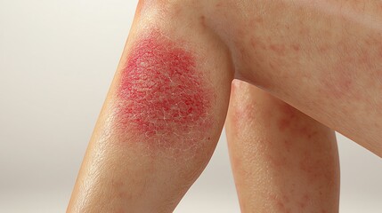 Fototapeta premium Close-up view of a knee with a red, inflamed skin condition, highlighting irritation and texture for medical or educational use.