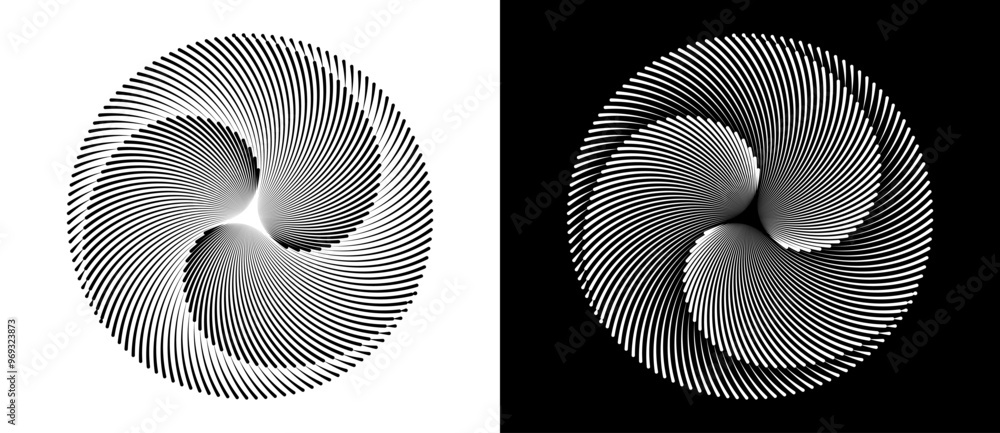Fototapete Lines in circle abstract background. Dynamic transition illusion with 3 parts. Black shape on a white background and the same white shape on the black side.