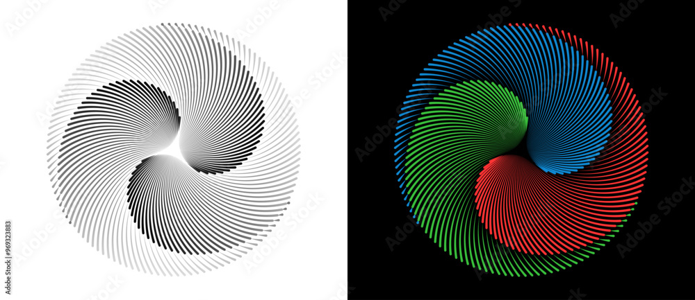 Fototapete Lines in circle abstract background. Dynamic transition illusion with 3 parts. Black shape on a white background and the color shape on the black side.