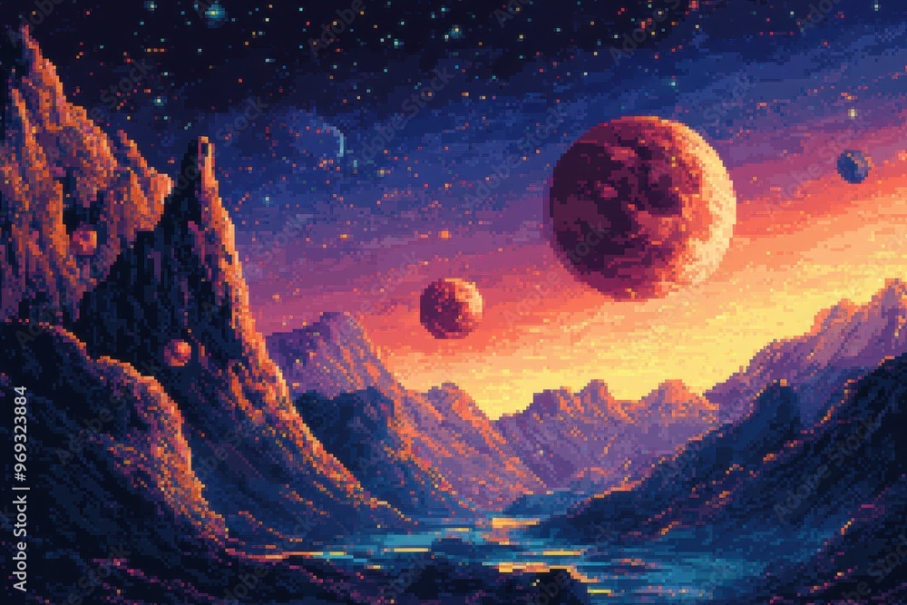 Poster retro 8-bit space landscape with colorful planets and clear starry background for text overlay