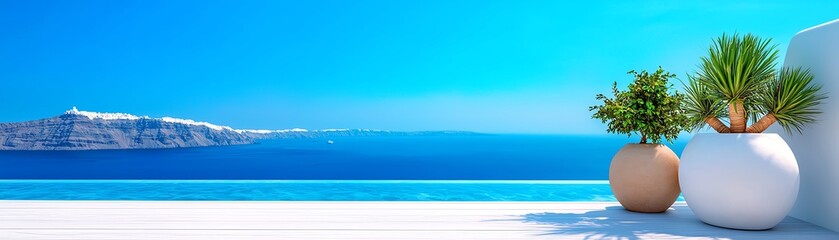Fototapeta premium A serene coastal view featuring potted plants against a vibrant blue sea and sky, ideal for relaxation and escape themes.