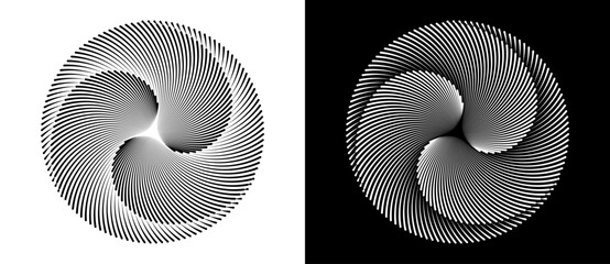 Lines in circle abstract background. Dynamic transition illusion with 3 parts. Black shape on a white background and the same white shape on the black side.