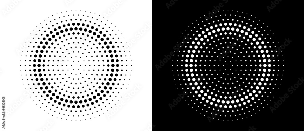 Poster Modern abstract background. Halftone dots in circle form. Round logo. Vector dotted frame. Design element or icon. Black shape on a white background and the same white shape on the black side.