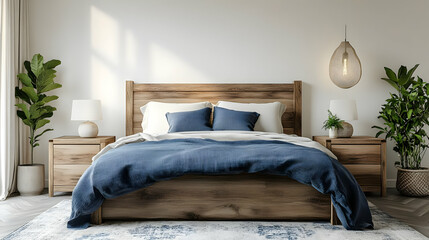 Serene Bedroom Illustration: Wooden Bed, Blue Bedding, and Green Plants