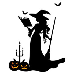 Silhouette Witch reading a magic book. Candlestick and evil pumpking on the ground and two bat flying above.