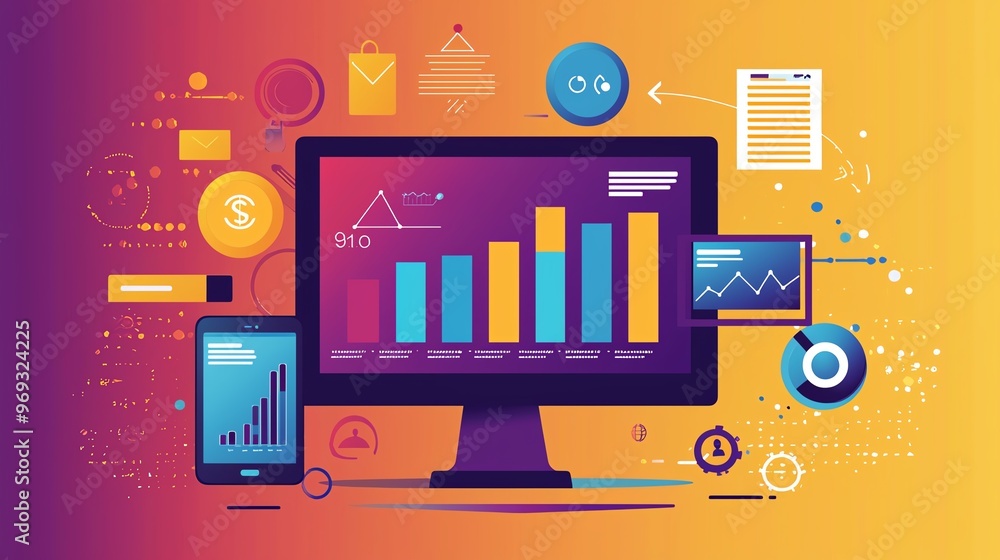 Poster colorful digital illustration of graphs and charts on computer screen, symbolizing data analysis and