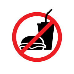 No fast food, black icon. Rejecting the offered junk food. Red prohibitory circle, cola and hamburger. Stop fat, calorie, unhealthy snack. Vector illustration flat design. Isolated on background.