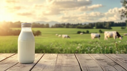 Milk bottle on wooden planks with a distant view of cows grazing in a green field, representing fresh dairy from the farm.