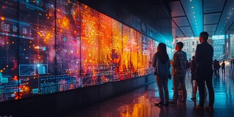 People analyzing data on large digital screens in a modern, high-tech environment, surrounded by vibrant visualizations and glowing graphs