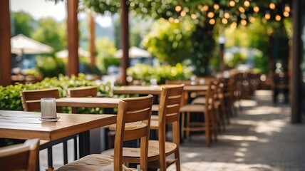 empty outdoor restaurant or cafe  with wooden tables and chairs and green plants