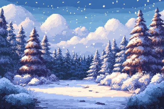 Pixelated Winter Magic: Retro 8-bit Snow-Covered Trees Scene for Text Overlay