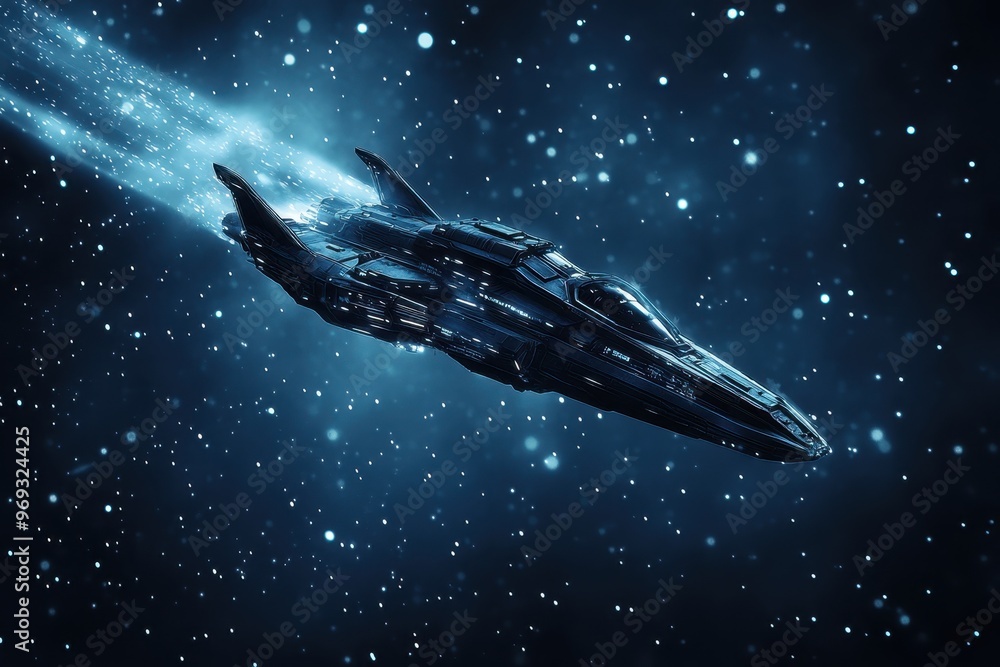Poster futuristic pixelated spaceship soaring in dark space with copy space for text