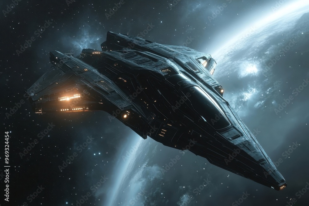 Poster futuristic pixelated spaceship soaring through dark space with copy space for text