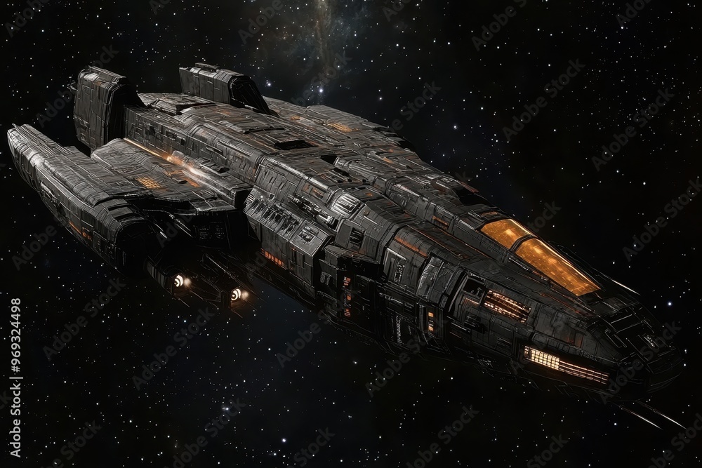 Poster futuristic pixelated spaceship soaring through dark space with copy space for text