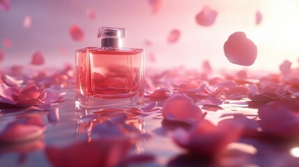 An artistic perfume ad concept featuring a bottle surrounded by floating rose petals and soft lighting.