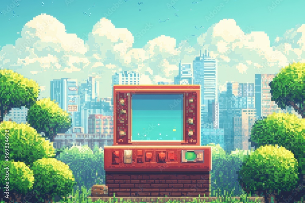 Poster nostalgic retro pixelated arcade game background with platforms for text overlay