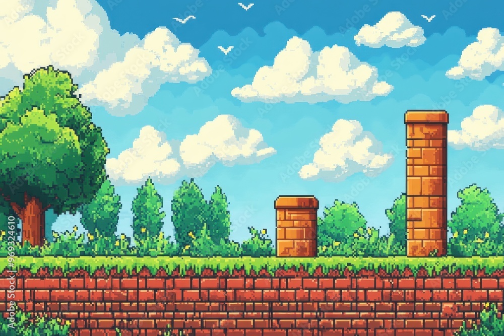 Poster nostalgic retro pixelated arcade game background with platforms for text overlay