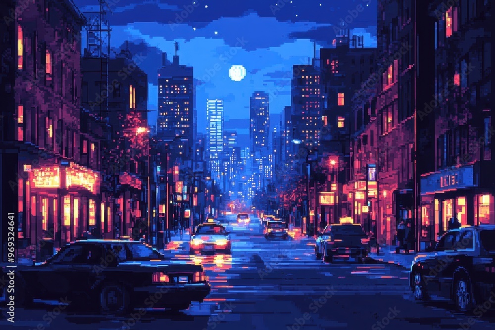 Poster retro 16-bit pixel cityscape at night with blank copy space sky for design or text insertion