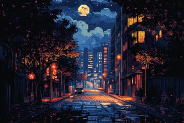 Vibrant 16-Bit Pixel City Street Illuminated at Night with Open Sky Copy Space Above