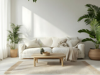Minimalist Interior Design 3D Illustration with White Sofa, Indoor Plants, and Wooden Furniture