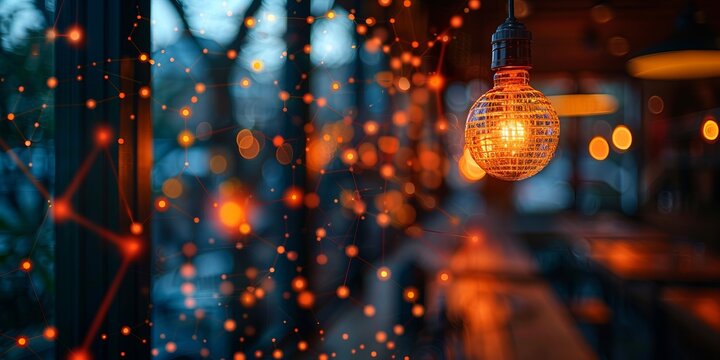 Hanging light bulb with a glowing filament in a dimly lit interior, overlaid with a digital network of glowing orange nodes and lines - Powered by Adobe