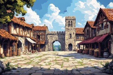 Fototapeta premium Retro 8-bit Medieval Village Square with Market Stalls | Creative Pixel Art Scene for Design Copy Space