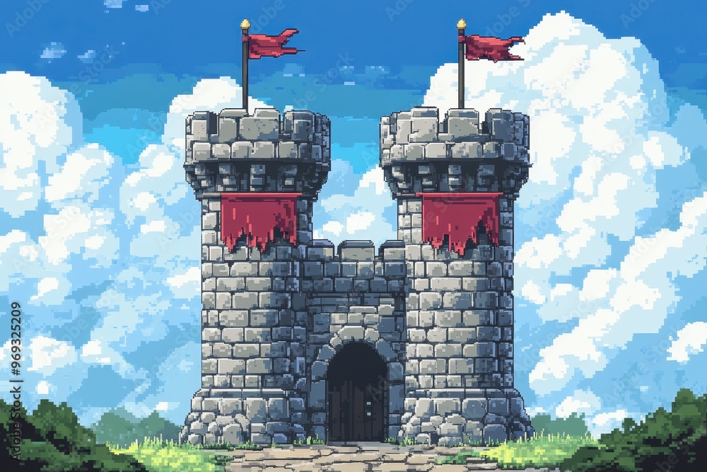 Aufkleber nostalgic 16-bit castle tower with pixelated banners in open sky for text background
