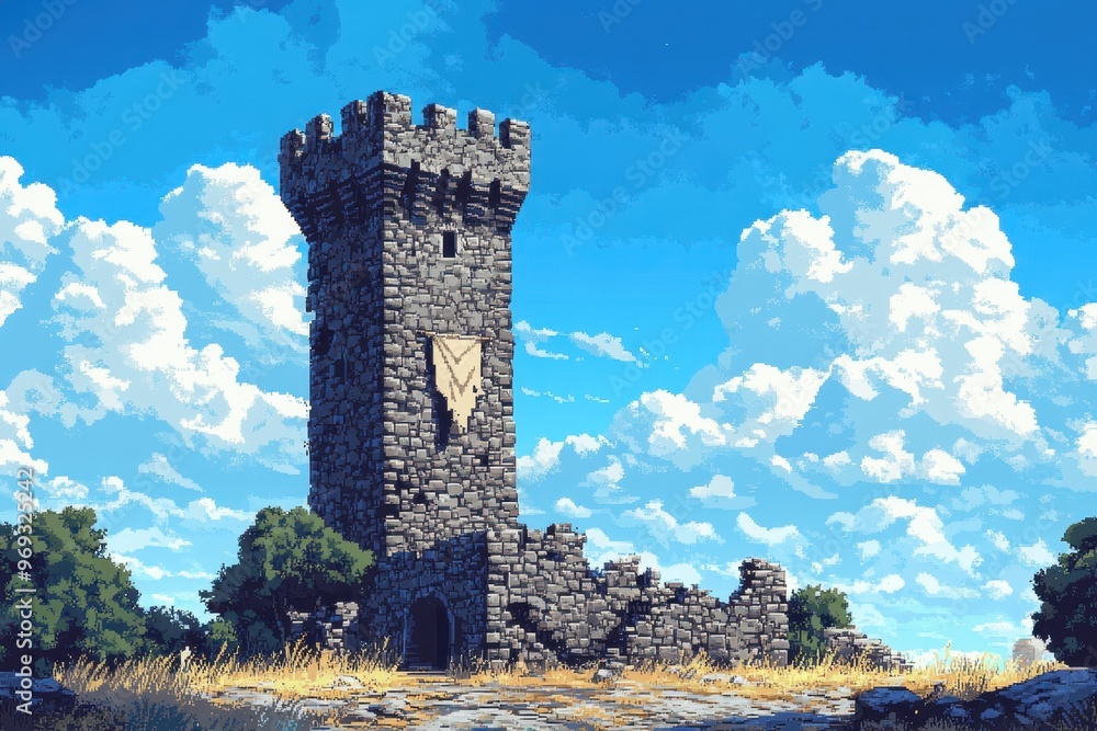 Poster retro 16-bit castle tower with pixelated banners and open sky - nostalgic video game background conc