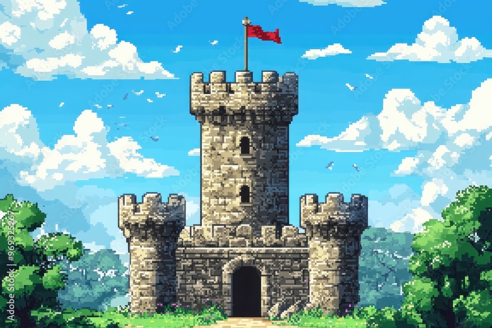 Poster retro 16-bit castle tower with pixelated banners against open sky for text