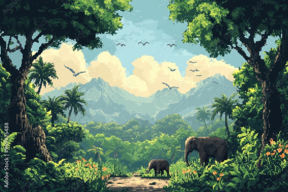 Poster retro pixelated jungle scene with playful animals on open forest floor - ideal copy space for design
