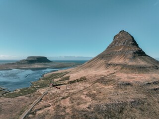Aerial view of Kirkjufell mountain in Iceland.