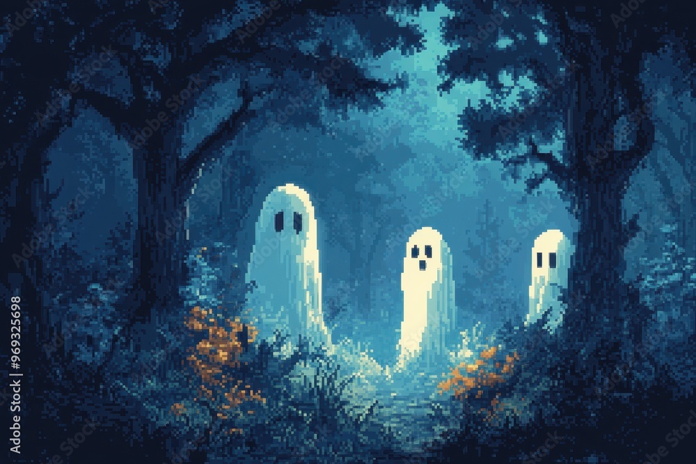 Poster retro 8-bit haunted forest scene with pixelated ghosts and copy space clear sky for text
