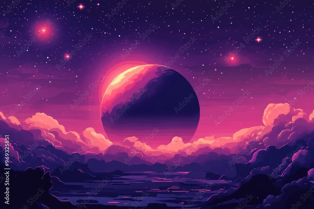 Poster retro 8-bit outer space background with planet and copy space for text