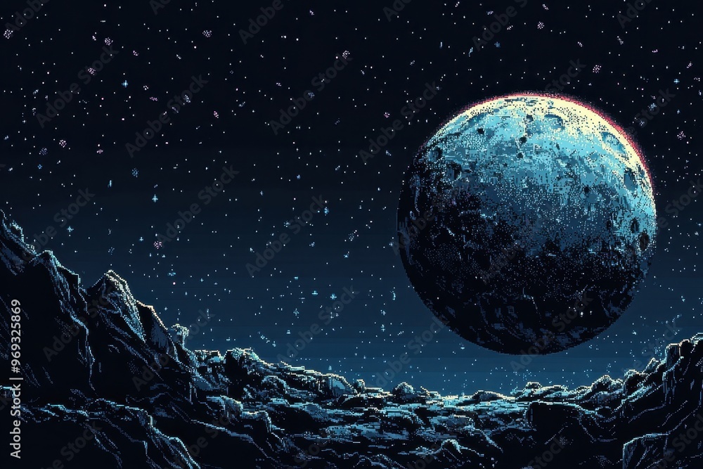 Poster retro 8-bit outer space scene with planet and copy space for text