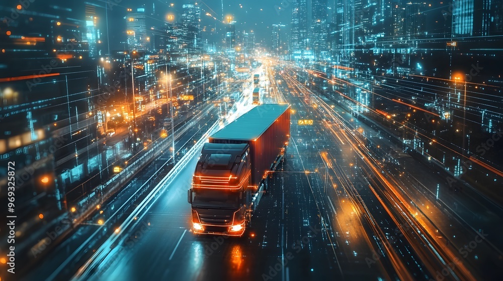 Wall mural Futuristic Cityscape with Semi-Truck Driving on Highway at Night, Neon Lights and Digital Data Stream, Abstract Technology Concept.