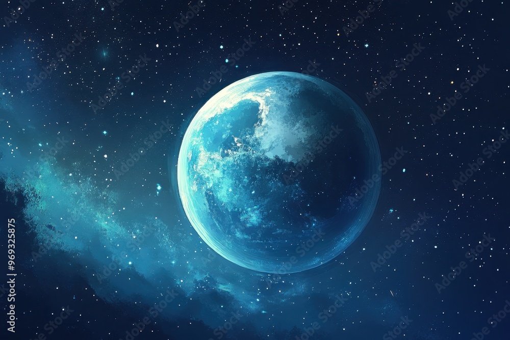 Poster cosmic 8-bit adventure: retro space scene with planet and copy space