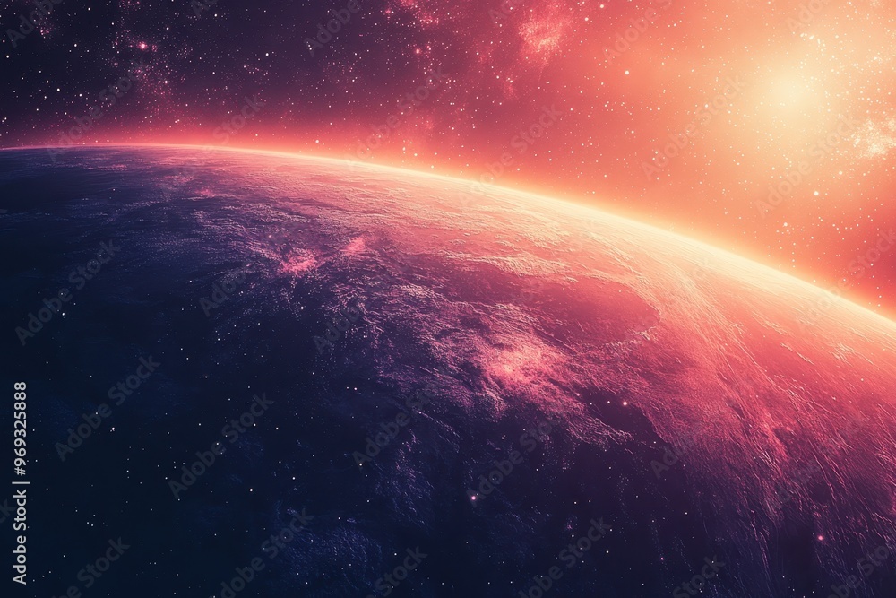 Poster retro 8-bit space exploration with colorful planet in the cosmos - copy space included for text over