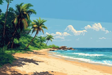 Obraz premium Vibrant Pixelated Beach Scene with Palm Trees and Clear Blue Sky for Copy Space