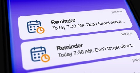 Reminder notification on smartphone screen, scrolling list of reminders with calendar icon, busy planning close-up, footage