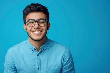 Fototapeta premium Portrait of young smiling latin man in blue shirt and glasses, feeling confident, isolated on blue background with generative ai