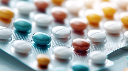 Close-up view of colorful tablets in a blister pack, showcasing various shapes and colors for medical and pharmaceutical use.