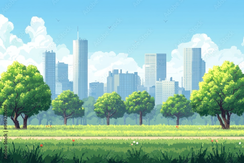 Poster retro 16-bit city park scene with pixelated trees under clear sky for text overlay
