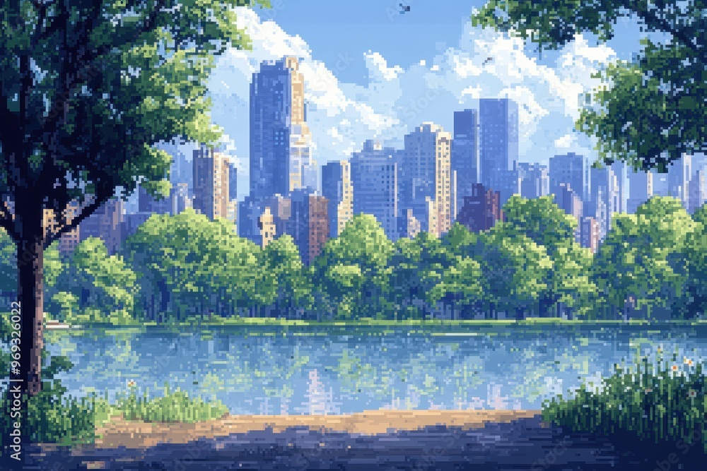 Poster nostalgic 16-bit city park scene with pixelated trees and clear sky for copy space.