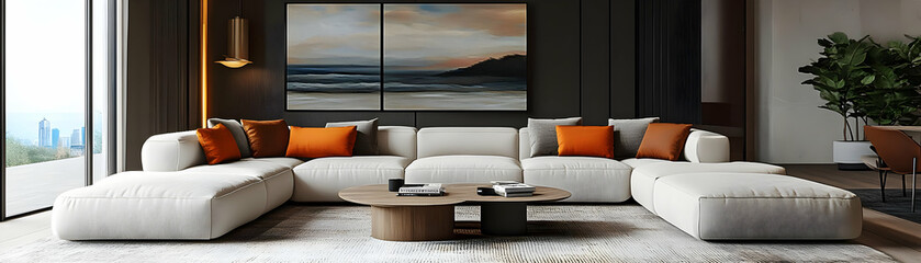 Modern Interior Design 3D Illustration: White Sectional Sofa and Abstract Seascape Art